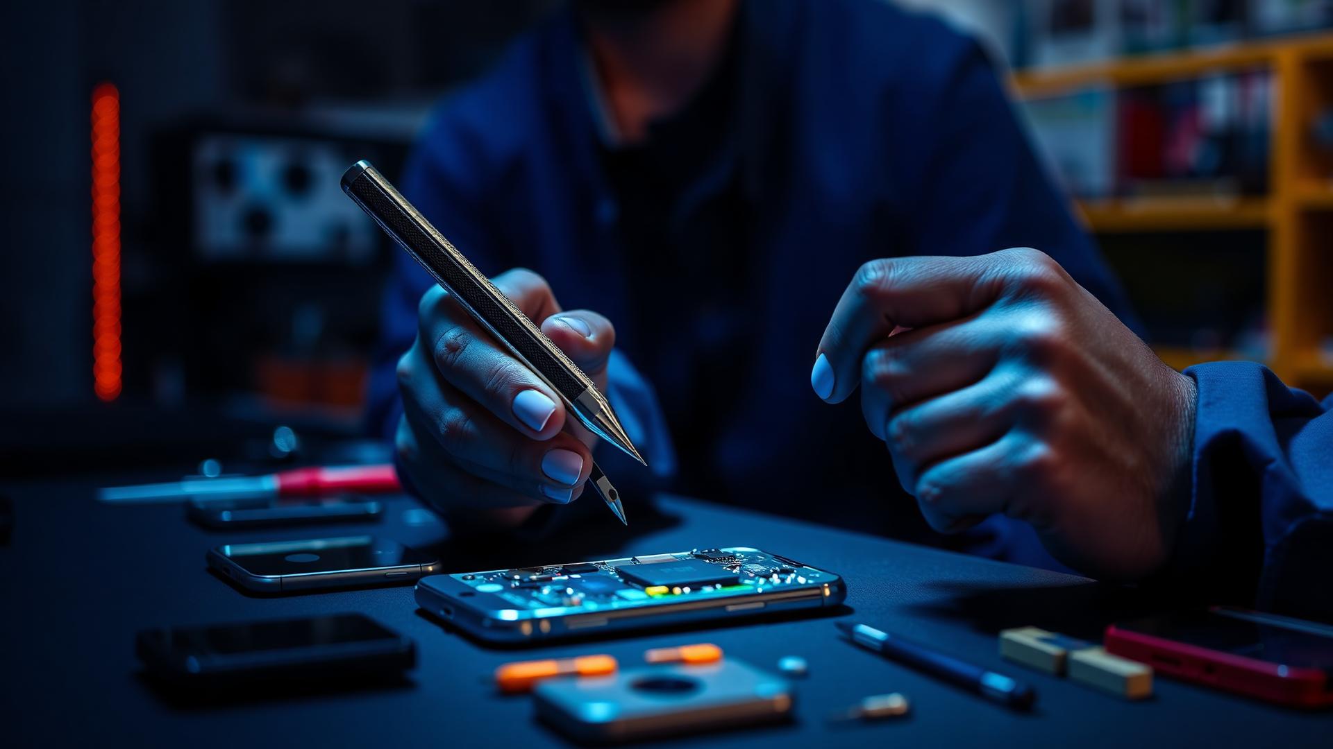 Técnico realizando manutenção em smartphone
